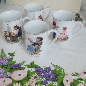 Vintage Ceramic Collectible Mugs by Norman Rockwell Gold Trim Set 4